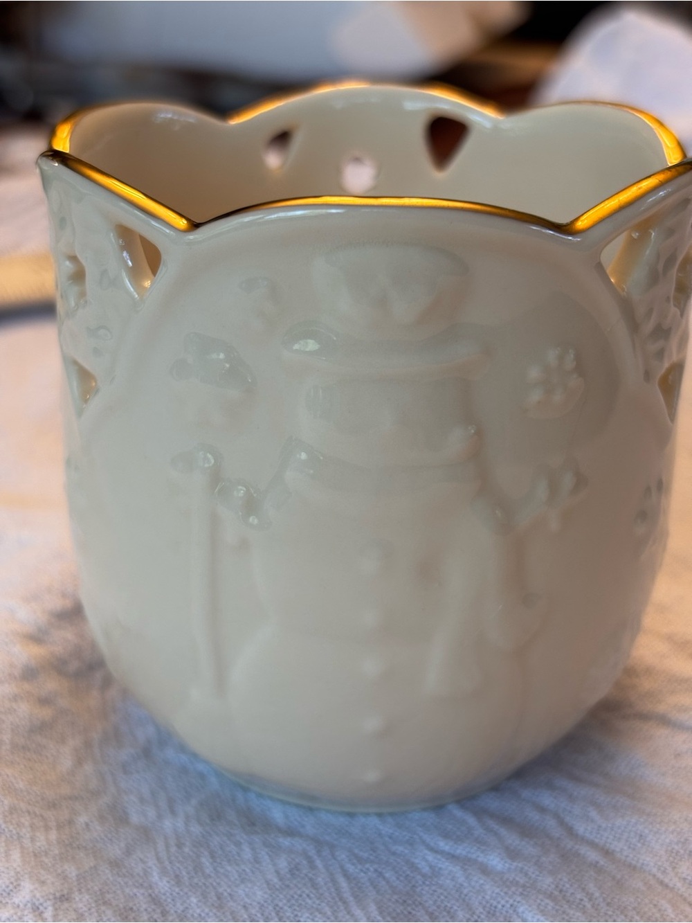 Lenox Cream and Gold Snowman Tealight Holder